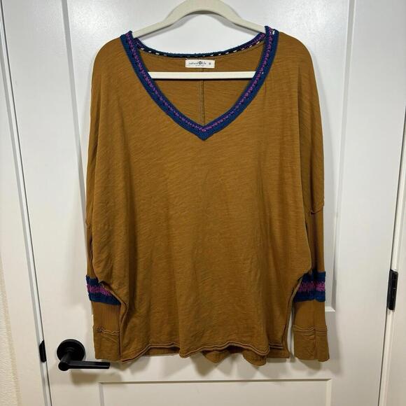 NATURAL LIFE Tops - Women’s Natural Life Yellow Long Sleeve Shirt Size M Boho Bohemian Crochet Trim